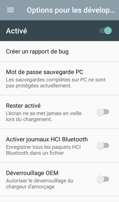 Options développeurs Android 