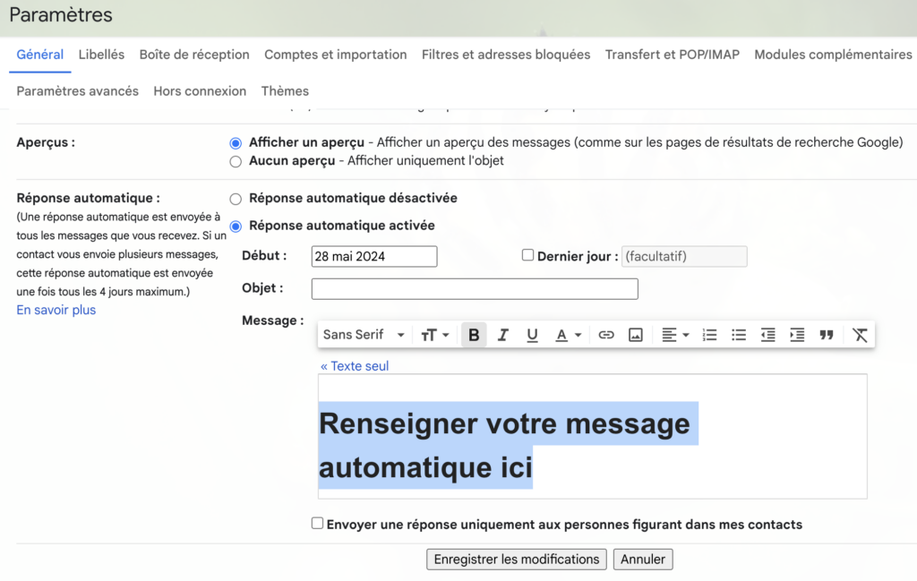 activer réponse automatique gmail