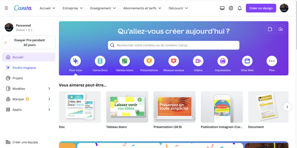 menu de navigation canva