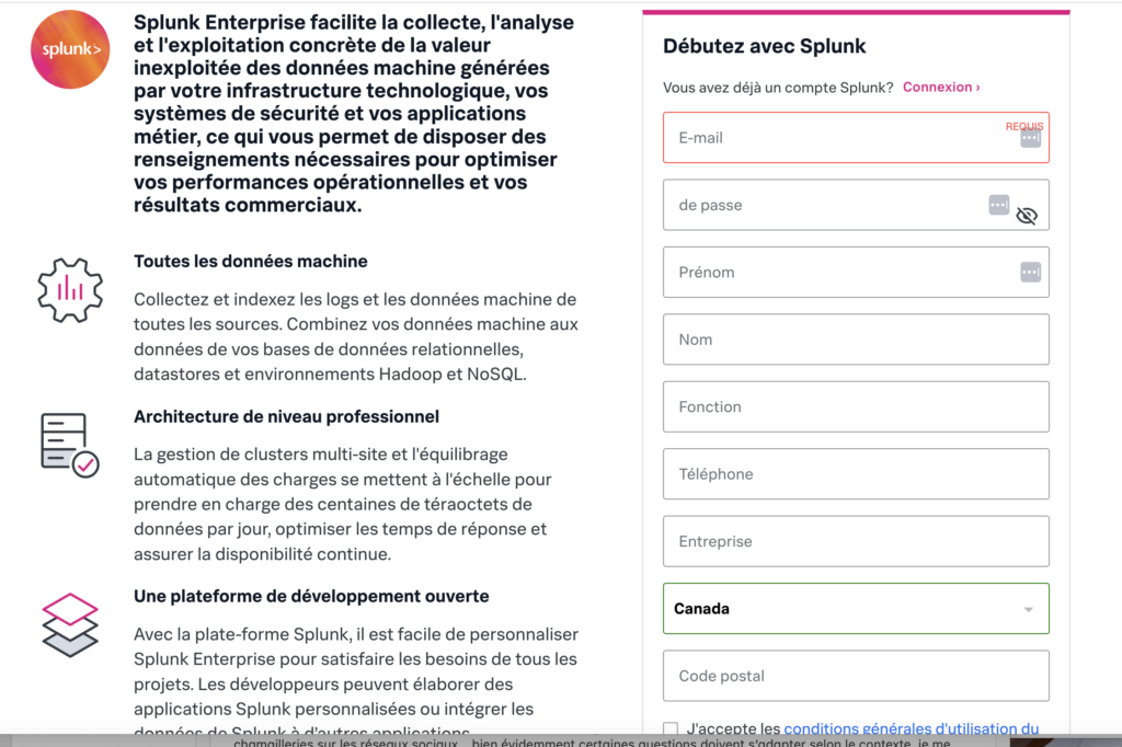 Créer compte splunk entreprise