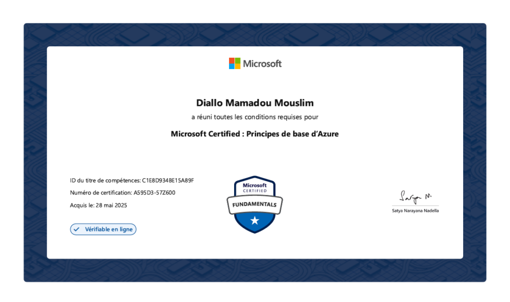 Certification azure az-900 microsoft de Mamadou Mouslim Diallo