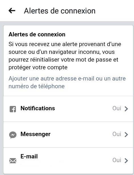 Configuration des alertes facebook